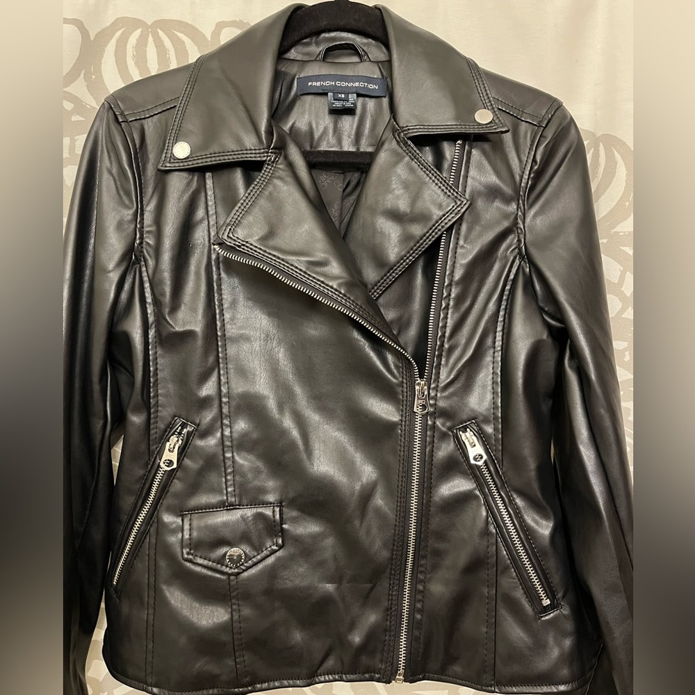 French Connection Black Leather Moto Jacket Asymmetrical Zipper - Picture 3 of 7